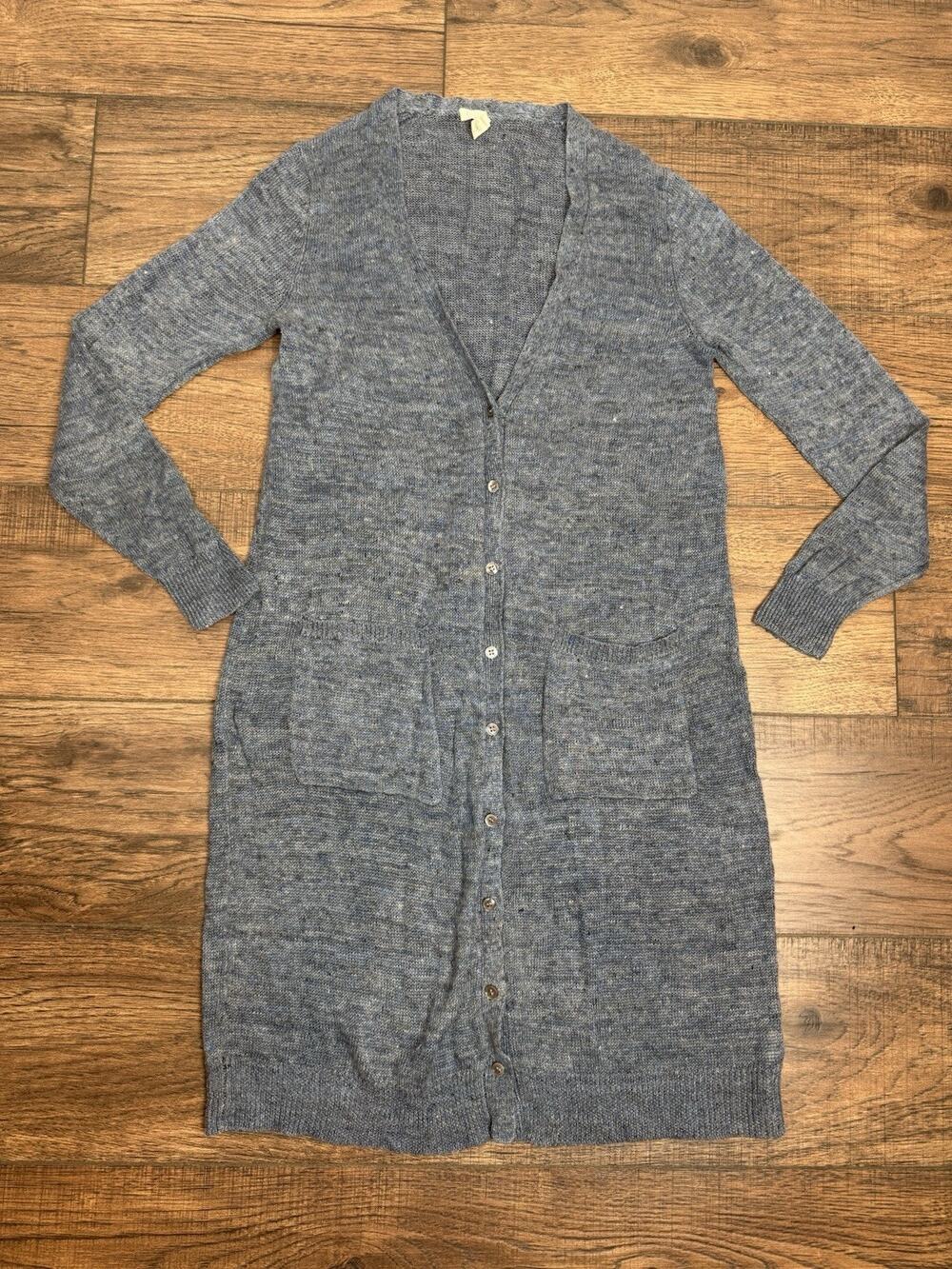 Eileen Fisher Blue Organic Linen Long Button Front Cardigan Duster Sweater Small